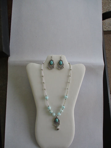 Blue Glass Beads Silver Tube Spacer Beads Turquoise Silver Pendant Necklace Earring Set (NE545)