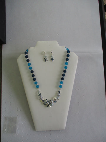 Dark Blue Light Blue Frost Class Beads Silver Beads Metal Starfish Shells Bib Necklace Earrings Set (NE550)
