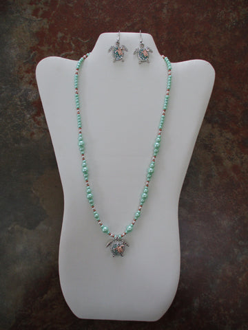 Green Pearls Silver Beads Turtle Pendant Necklace Earring Set (NE553)