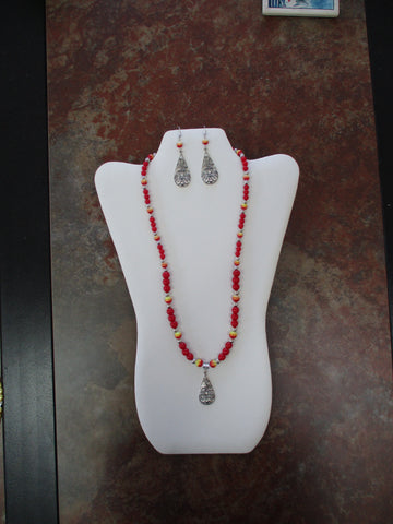 Red Glass Beads Silver Beads Silver Flower Tear Drop Pendant Necklace Earring Set (NE556)