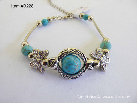 Turquoise Beads Silver Plated Butterflys Bracelet (B228)