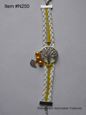 Multi Leather Rope Bracelet with Tree, Bird, Yellow Pearls