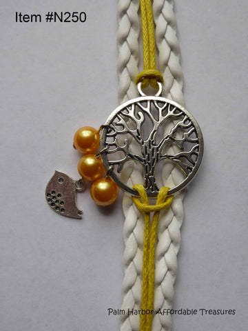 Multi Leather Rope Bracelet with Tree, Bird, Yellow Pearls