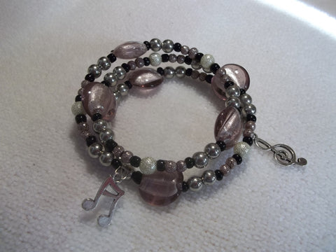 Light Pink Black Glass Bead Silver Musical Note Staff Bracelet (B318)