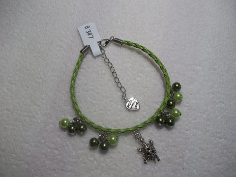 Green Braid Leather Silver Turtle Green Pearls Bracelet (B387)