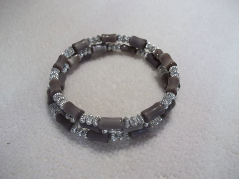 Memory Wire Silver Brown Bead Bracelet (B430)