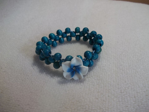 Stretchy Blue Wooden Beads White Blue Flower Bracelet (B445)