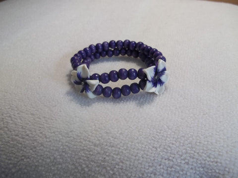 Stretchy Purple Wooden Beads White Purple Flowers Bracelet (B446)