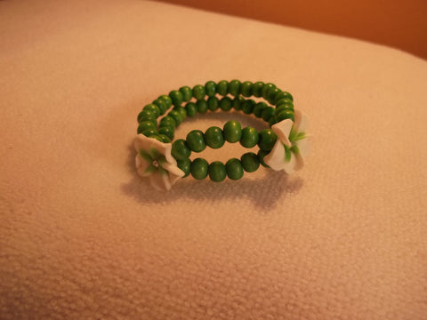 Stretchy Green Wooden Beads White Green Flowers Bracelet (B447)