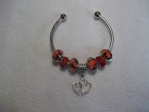 Silver Red Heart Sparkle Beads Silver Hearts Cuff Bracelet (B456)