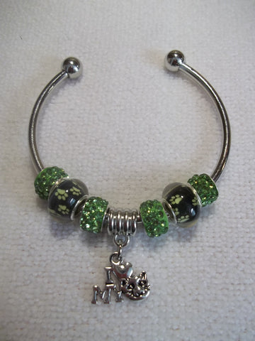 Silver Green Paws Sparkle Beads Silver "I Love My Cat" Cuff Bracelet (B465)