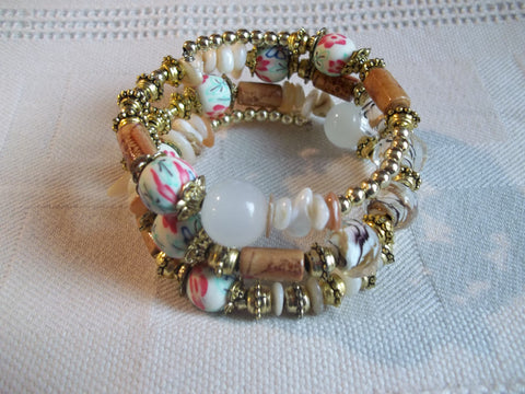 Memory Wire Brown Gold Flower Beads Bracelet (B489)