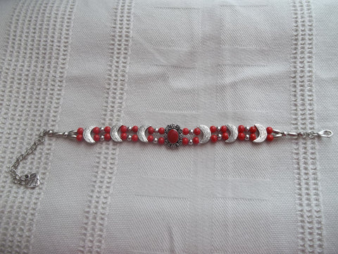 Silver Red Beads Silver Moon Beads Bracelet (B506)