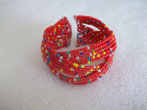 Memory Wire Red Multi Color Seed Beads Braided Bracelet (B512)
