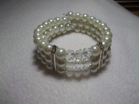 Memory Wire Clear Crystal Silver Bling Pearls Bracelet (B514)