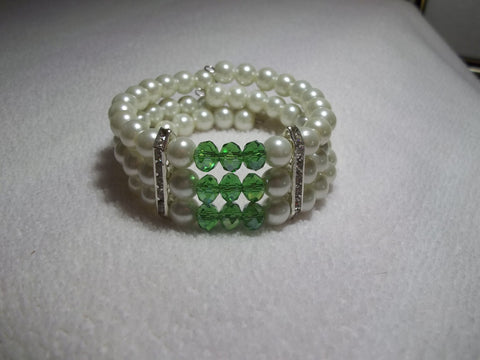 Memory Wire Green Crystal Silver Bling Pearls Bracelet (B517)