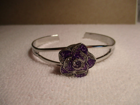 Silver Cuff Purple Snap Button Flower Pendant Bracelet (B529)