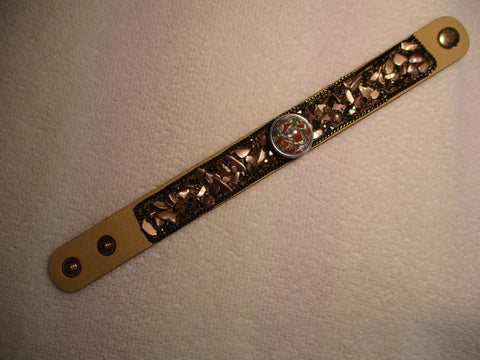 Tan Leather Brown Rock Chips Snap Button Pendant Snap Bracelet (B544)
