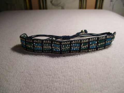 Green Silver Turquoise Dark Blue Sead Bead Loom Bracelet (B560)