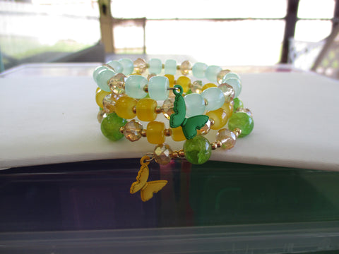 Yellow Green Glass Beads Gold Beads Yellow and Green Butterfly Charms Memory Wire Bracelet (B592)