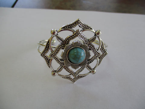 Silver Cuff Large Flower center small Turquoise Center Bracelet (B608)