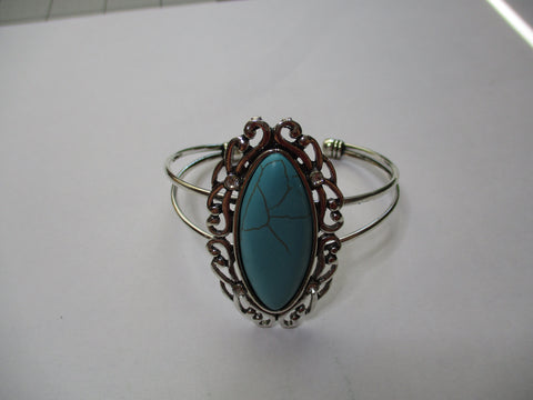 Long Silver Turquoise Center Cuff Bracelet (B609)