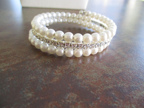 3 Row Pearls Faux Diamond Memory Wire Bracelet (B617)