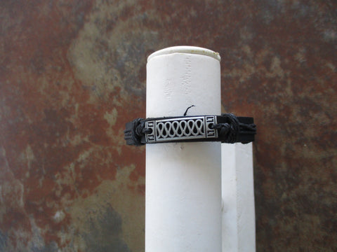 Black Leather Black Cord Silver Pendant Adjustable Bracelet (B619)