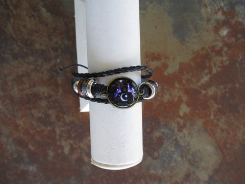 Black Leatherette Cord Silver Wooden Beads Moon Stars Bubble Pendant Bracelet (B624)