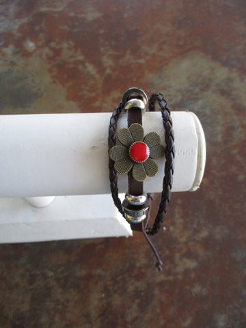 Brown Leatherette Cord Bronze Flower Pendant Adjustable Bracelet (B625)