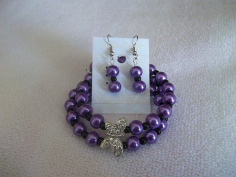 Double Memory Wire Purple Pearl Black seed beads Silver Butterfly Bracelet Earrings (BE102)