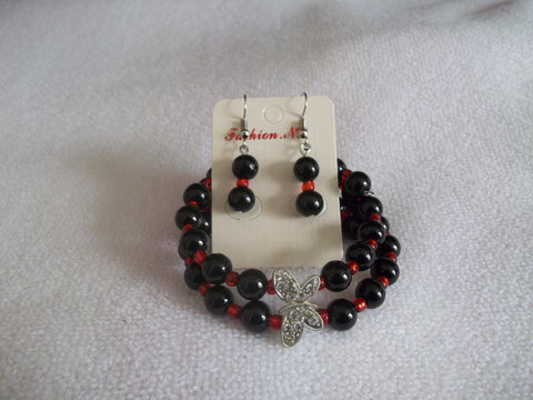 Double Memory Wire Black Glass beads Red seed beads Silver Butterfly Bracelet Earrings (BE104)