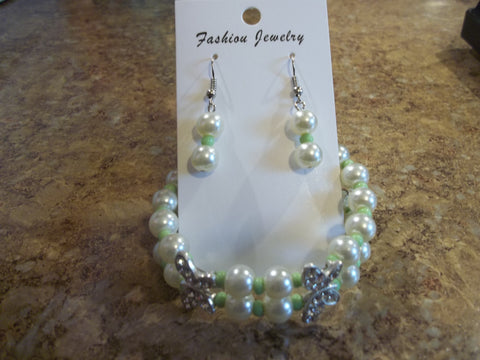 Double Memory Wire White Pearls Green seed beads Double Silver Butterfly Bracelet Earrings (BE106)