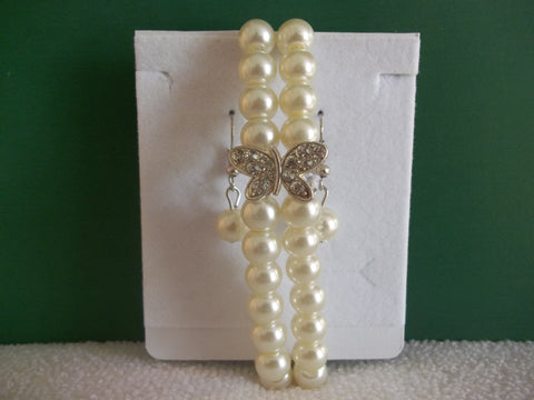 Off White Pearls Silver Butterfly Stretchy Bracelet with Earrings (BE108)