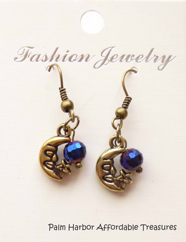 Bronze Moon Blue Bead Earrings (E627)