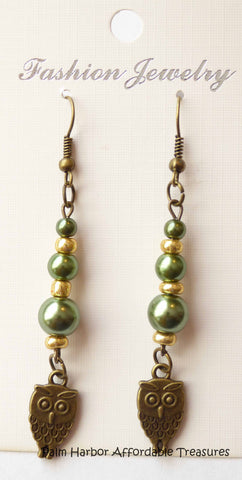 Bronze Green Gold Beads Owl Earrings (E631)