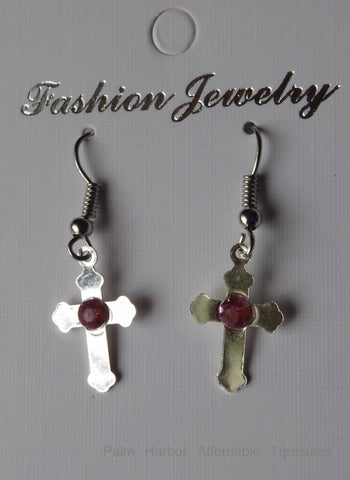 Silver Cross with Pink Diamond Earrings (E660)
