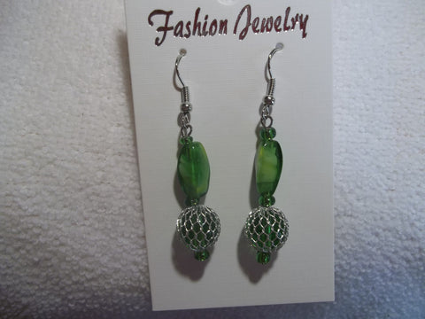 Silver Green Glass Bead Earrings (E680)