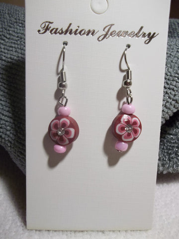 Pink Burgundy Flower Bling Earrings (E772)