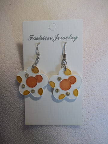 White Ceramic Orange Bling Flower Earrings (E812)