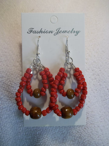 Silver Double Red Seed Bead Brown Wooden Beads Earrings (E826)