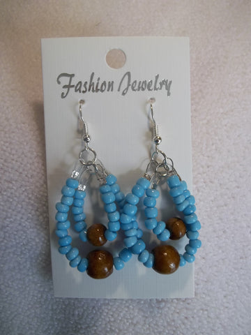 Silver Double Light Blue Seed Bead Brown Wooden Beads Earrings (E827)