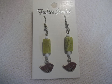 Silver Glass Green Rectangle Beads Silver Bird Earrings (E831)