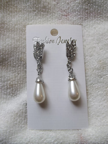 Silver Diamond White Pearl Tear Drop Earrings (E867)
