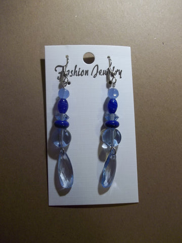 Silver Blue Glass Bead Tear Drop Earrings (E953)