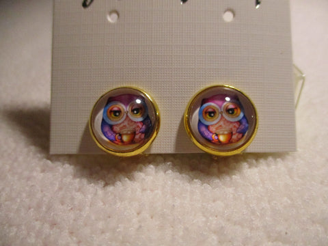 Gold Bubble Pink Purple Owl Clip Earrings (E971)