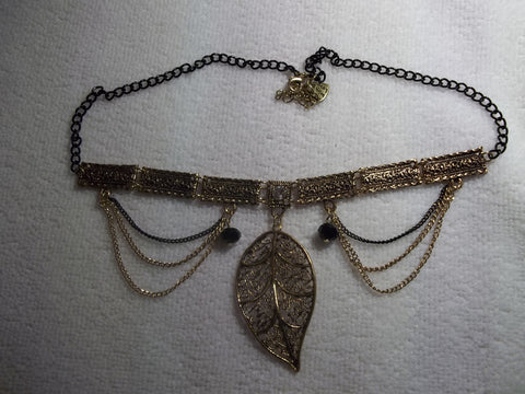 Gold Black Choker Leaf Necklace (N1005)