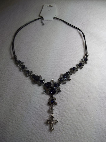 Black Cord Blue Clear Bling Silver Cross Necklace (N1008)