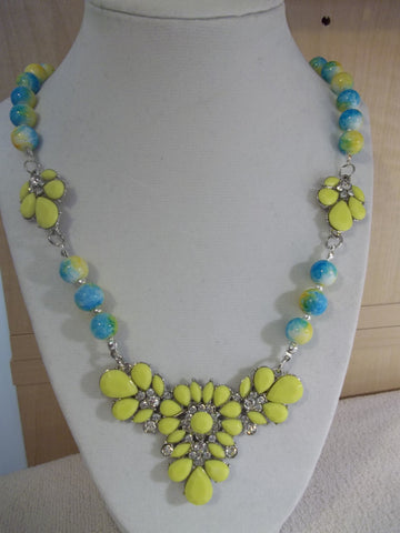Blue Yellow Glass Beads Yellow Bling Pendant Necklace (N1010)