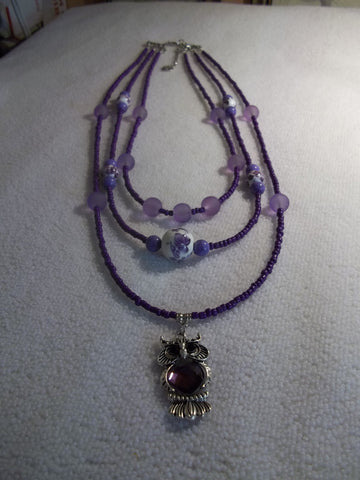 Triple Row Purple Glass Beads Seed Beads Owl Pendant Necklace (N1011)